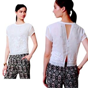 $148 Anthropologie Embroidered Embellished Top Medium 6 8 Tee Shirt Blouse NWT